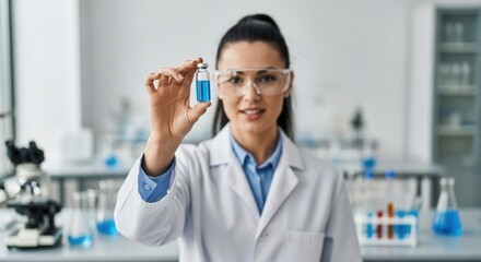 Female scientist holding vial with blue liquid in laboratory environment analysis