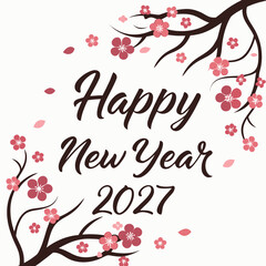 Happy new year 2027 greeting card with blooming cherry blossom branches and falling petals