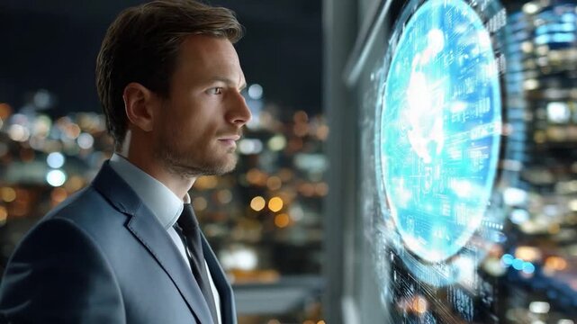 Visionary Contemplation: A forward-thinking professional gazes intently at a holographic display of a futuristic cityscape, contemplating the future.