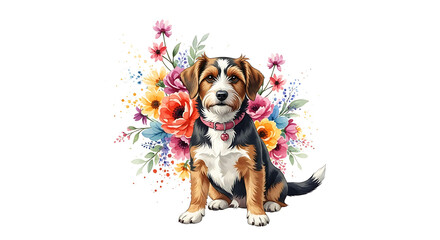 The gentle gaze of a dog emerges from a beautiful and expressive floral watercolor painting.

