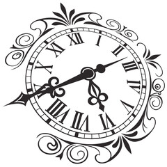 Fototapeta premium Ornate vintage clock face with roman numerals and decorative flourishes in black and white