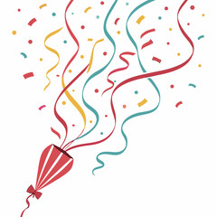 Red party popper exploding with colorful ribbons and confetti against a white background celebrating a festive occasion