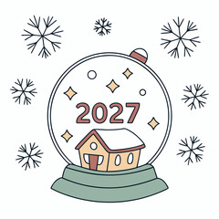 Whimsical snow globe featuring a cozy house and the year 2027 surrounded by falling snowflakes