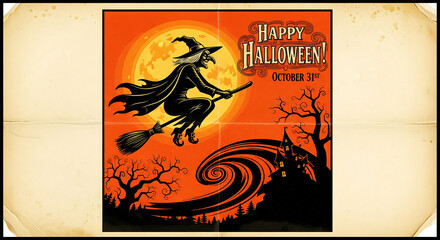 Spooky vintage witch flies on broomstick against a full moon with haunted house and eerie trees, perfect for Halloween celebrations and festive designs.