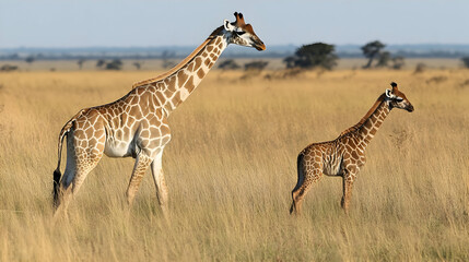 Obraz premium Giraffe mother and calf in savannah