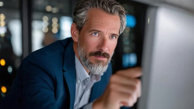 Focused Executive at Work: A focused executive, with a distinguished beard and professional attire, deeply engages with a computer screen in a modern office setting.