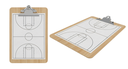 Wooden Clipboard with Basketball Court Diagram.