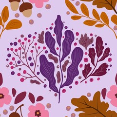 Autum Winter Pattern Background Illustration For Cover, Banner, Notes. Fall Winter Aesthetic Background.  Plant And Flower Pattern Background.