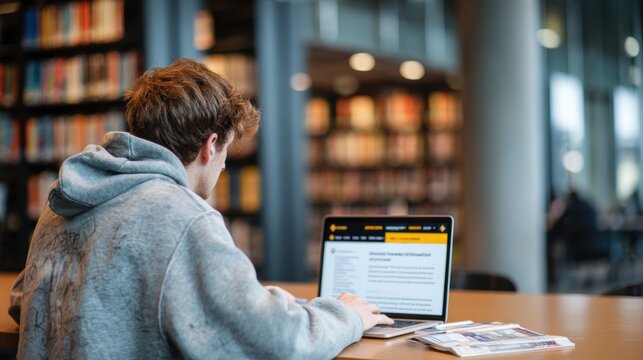 Focused Study in the Library: A young individual concentrates intensely on their laptop while surrounded by the quiet of the library, immersed in a world of books, learning, and digital exploration. 