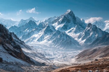 majestic sweeping view of snowy mountain peaks under clear bright sky, crisp clean landscape.