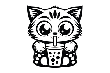 Black and white cartoon cat drinks bubble tea with a straw happily