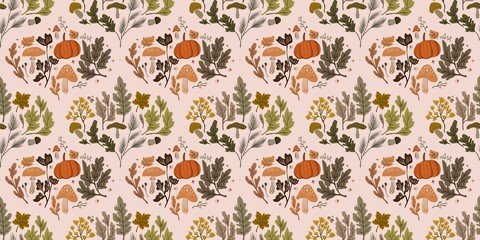Autum Winter Pattern Background Illustration For Cover, Banner, Notes. Fall Winter Aesthetic Background.  Plant And Flower Pattern Background.