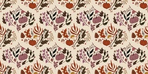 Autum Winter Pattern Background Illustration For Cover, Banner, Notes. Fall Winter Aesthetic Background.  Plant And Flower Pattern Background.