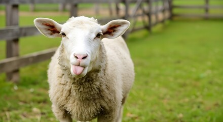 Obraz premium Funny sheep sticking its tongue out in a field