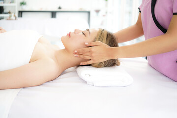 Woman spa body and face treatment and massage aroma therapy product relax and healthy and beauty. Spa Thai therapy treatment aromatherapy for body and face. Young woman enjoying and relax massage 