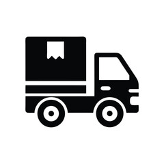 Black and white delivery truck is carrying a package in an icon