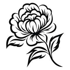 black and white peony with stem and leaves is prominently displayed clearly