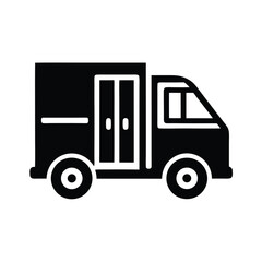 Black delivery truck showing side view has double doors in the back