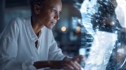 Tech Savvy Specialist: A focused woman, a tech specialist, engaging with cutting-edge technology interface within a futuristic environment, showcasing her expertise and technological advancements. - Powered by Adobe