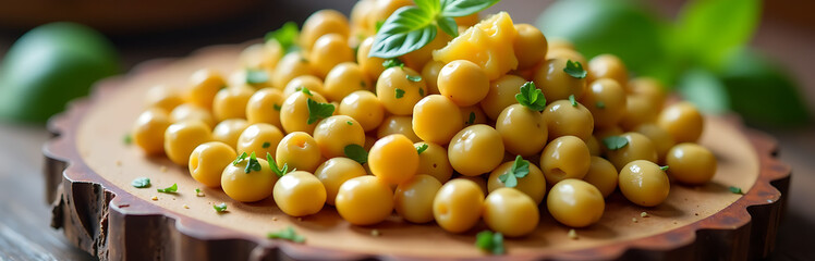 warm roasted fava beans scattered across rustic wooden board garnished fragrant herbs melted golden cheese soft