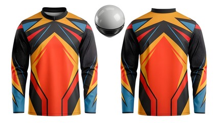 Obraz premium Long sleeve jersey mockup, front and back view, with helmet, designed for motocross or cycling apparel, vibrant abstract pattern