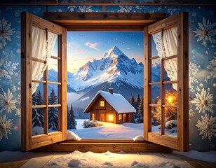 Obraz premium Snowy mountain cabin at dawn through window