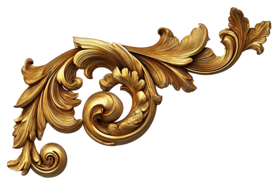 Golden baroque acanthus curl with ornate leaf scrolls and carved details, isolated on transparent background.
