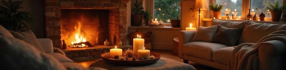 Cozy living room interior with various candles creating a warm and inviting ambiance Perfect for home decor, relaxation, and hygge aesthetic blogs , cozy, taper candle