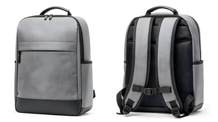 Modern Gray Backpack Mockup for Business and Travel, Front and Back View - Clean Product Presentation