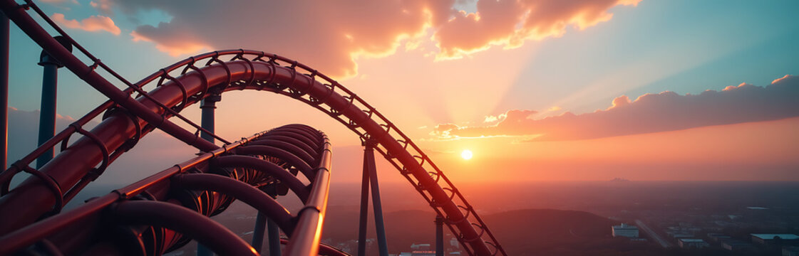 twisted roller coaster tracks ascending warm golden sunset wispy clouds tinted pink orange across clear blue