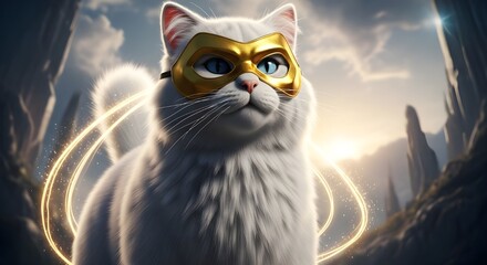 Fototapeta premium White fluffy cat wearing a gold masquerade mask in fantasy landscape