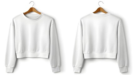 Clean white crew neck sweatshirt mockup, front and back views, displayed on wooden hangers against a white background, ideal for e-commerce