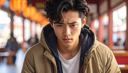 Fototapeta premium Asian young man got stomach ache. Detailed high quality image. 