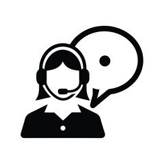 Black silhouette presents a woman with a headset and large speech bubble icon