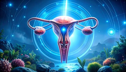 Sci-fi uterus hovers above a stream. 3D illustration of a vibrant organ is surrounded by blue light against a surreal landscape