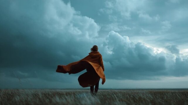 Wandering Soul in Stormy Skies: A lone figure ventures into a vast, open field beneath an ominous, cloud-filled sky, the wind whipping at their coat in a captivating display of resilience.
