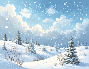 Snowy winter landscape with pine trees
