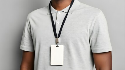 Unrecognizable individual displaying a blank white identity badge on a black lanyard, presented as a high-quality customizable mockup for business and events