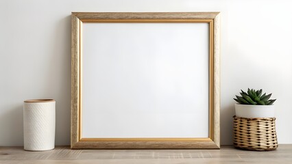 Minimalist Interior Golden Frame Mockup with Plant & Vase on Wooden Surface, Ideal for Art Display & Elegant Home Decor Presentations