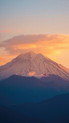 Majestic Snow- Capped Mountain Peak at Sunrise with Orange Clouds