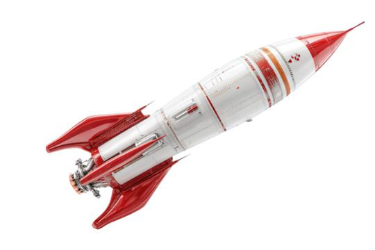 Retro-style white rocket with red fins and fiery exhaust angled upward, isolated on transparent background.
