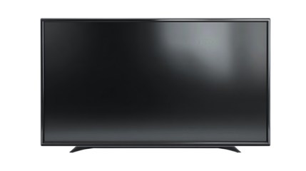 Modern flat TV screen with glossy black bezel and blank dark display featuring soft glass reflections, isolated on transparent background.