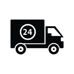 Black truck icon shows available twentyfour hours delivery service on a white background