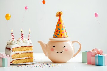 A cheerful teapot character smiling while dressed in a party hat.