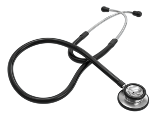 Classic stethoscope featuring black tubing, metallic chestpiece, and rubber ear tips, slightly coiled, isolated on transparent background.
