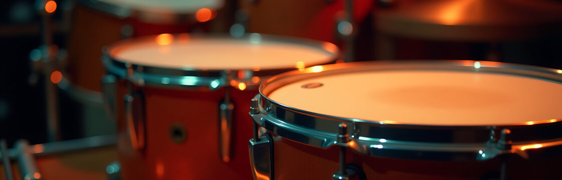 vibrant drum set blurred background bathed warm golden light deep shadows accentuating textured drums