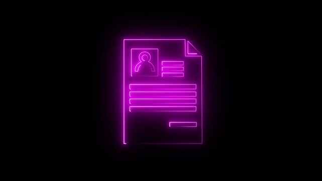 Glowing neon resume icon animation on black background. Cv application and professional staff analysis. 4k motion graphic video
