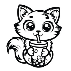 Cartoon cat lovingly holds boba tea, sipping sweetly through a red and white striped straw