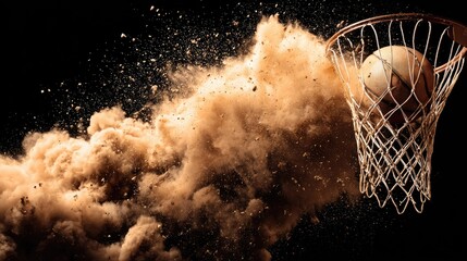 A basketball scores with a dramatic dust explosion.