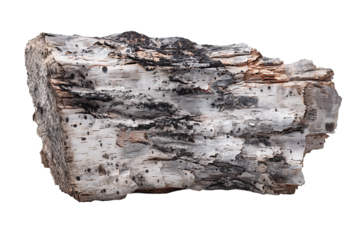 Close-up birch bark piece with peeling curls, resin knots, vertical fissures, and speckled grey texture, isolated on transparent background.
